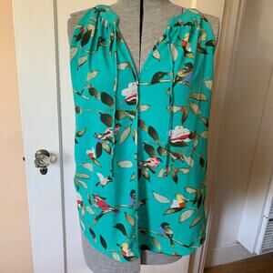 C&E Blouse L Green Teal Bird Floral Print Sleeveless Boho Casual Summer Blouse